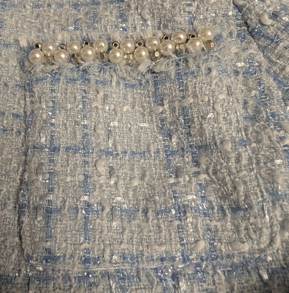 Pearl Embellished Ice BlueTweed Jacket NWOT Sz L Runs small See Pic Measurements - Picture 7 of 9